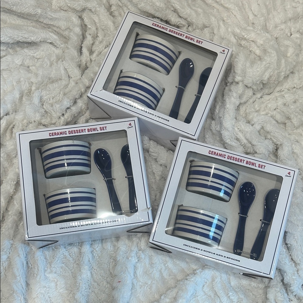 Ceramic Dessert Bowl Set with Spoons Nantucket Blue Stripes New in box